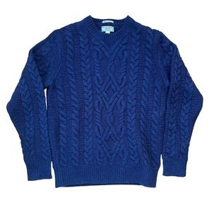 Wallace & Barnes Cable Knit Shetland Wool Fisherman Sweater – Navy Blue – Size S